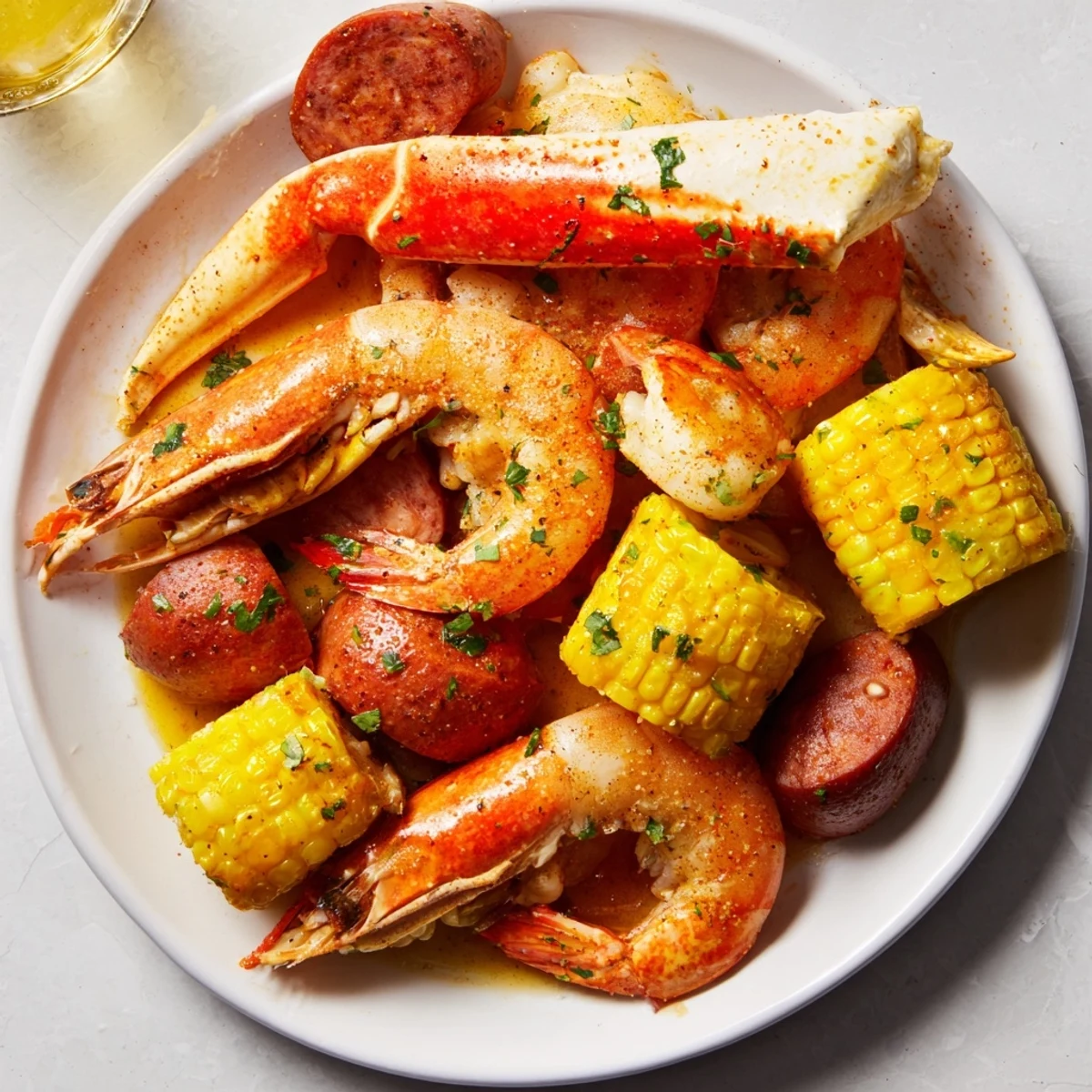 Golden-brown andouille sausage, tender shrimp, and corn on the cob glisten in a zesty Creole Seafood Boil broth.  