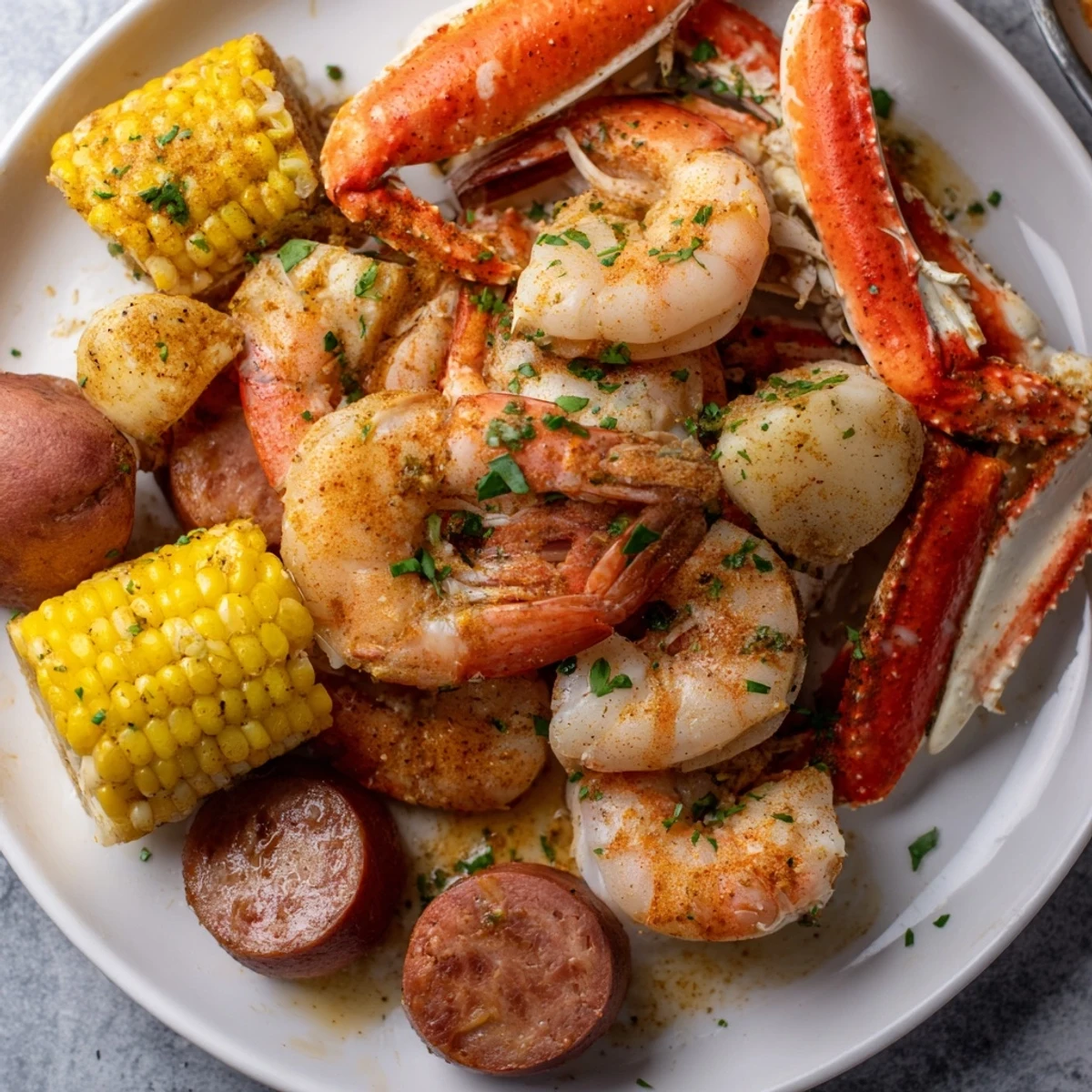 Steaming pot of Creole Seafood Boil with shellfish, sausage, and vegetables, perfect for an outdoor summer gathering.