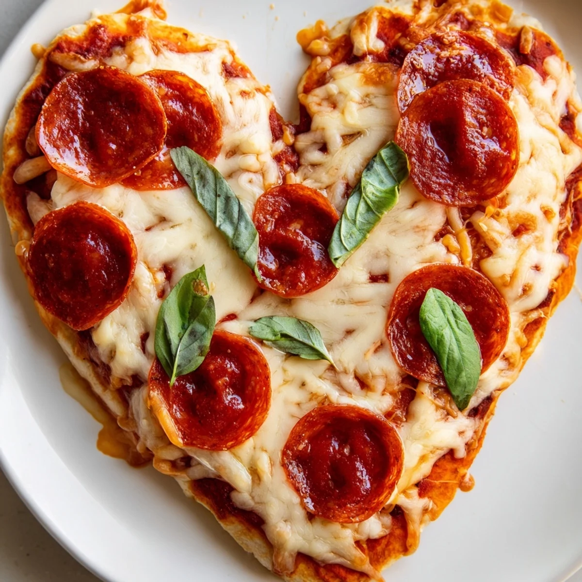 Freshly baked Heart-Shaped Halal Pepperoni Pizza with golden crust and bubbling mozzarella.