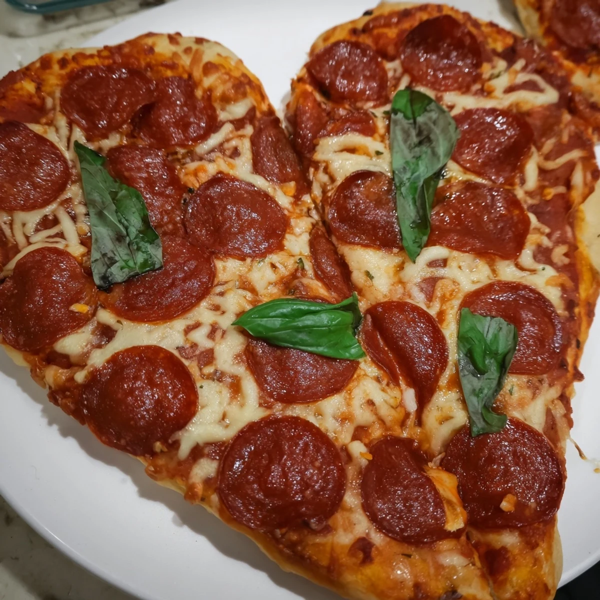 Slices of halal pepperoni top a romantic heart pizza on a rustic wooden table.