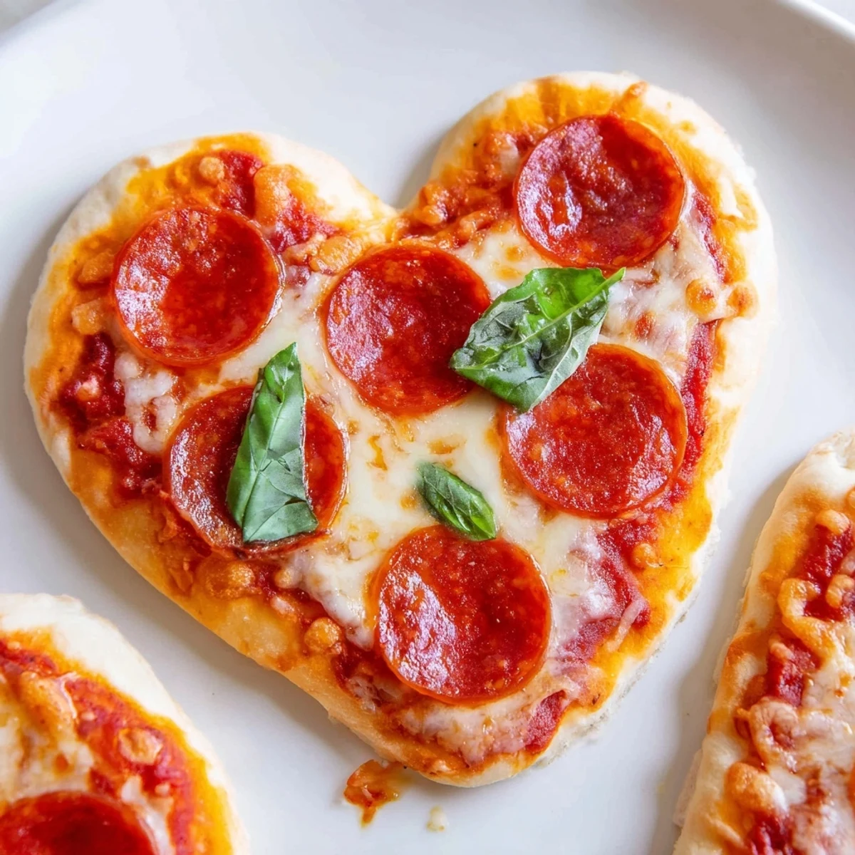 Heart-Shaped Halal Pepperoni Pizza served hot with fresh basil on a dinner plate.