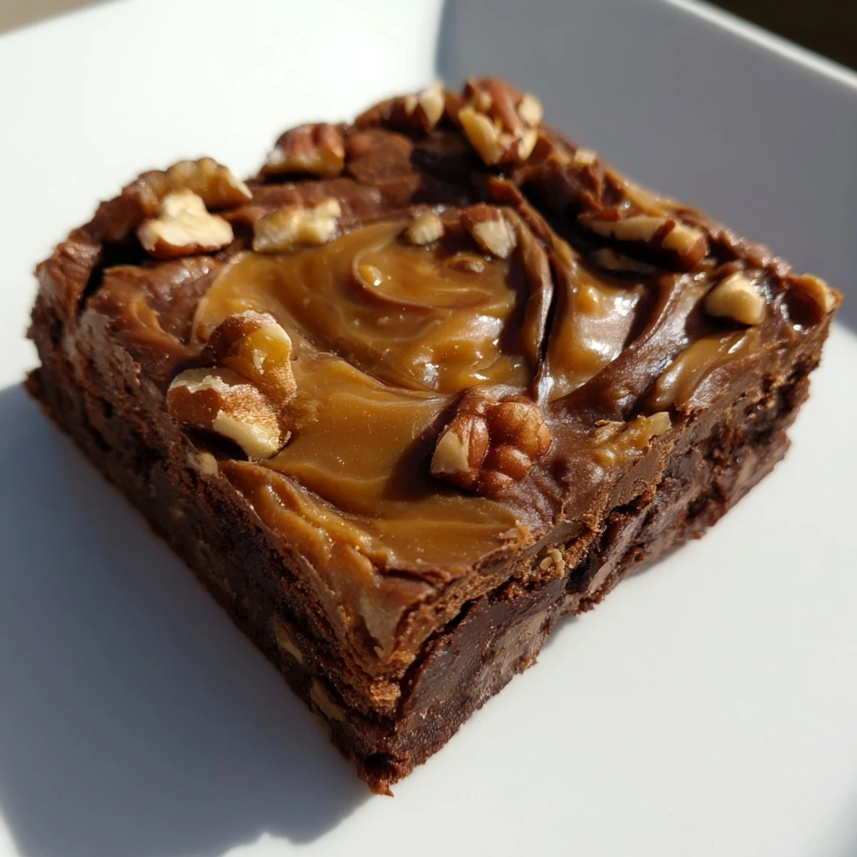 Close-up of New Orleans Praline Brownies showcasing a rich praline topping and fudgy texture.