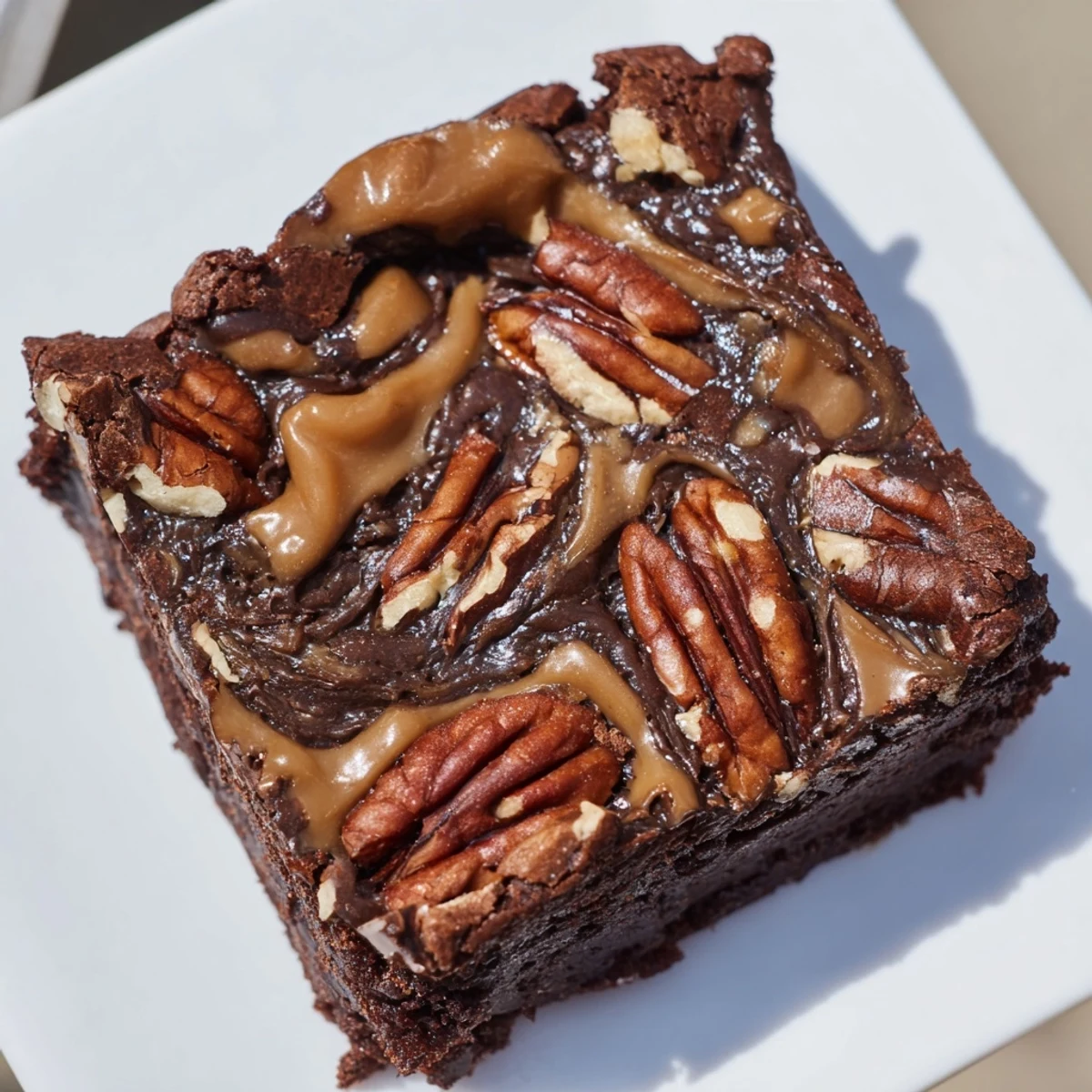 Golden-brown New Orleans Praline Brownies with gooey chocolate and a buttery pecan swirl.