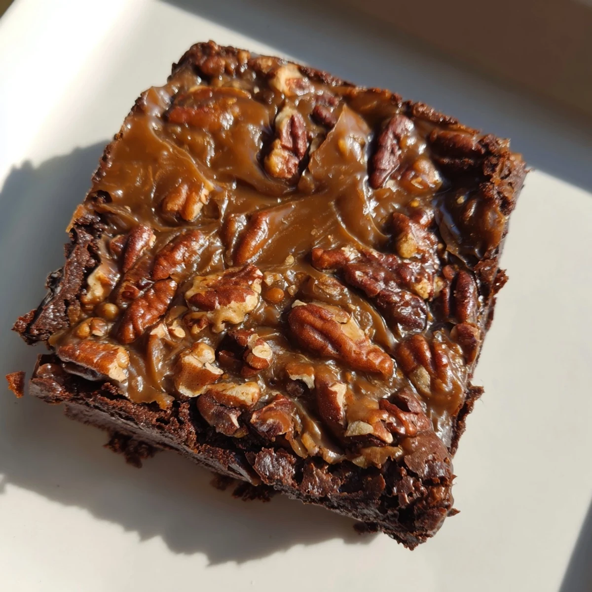 A square of New Orleans Praline Brownies served with vanilla ice cream on a dessert plate.