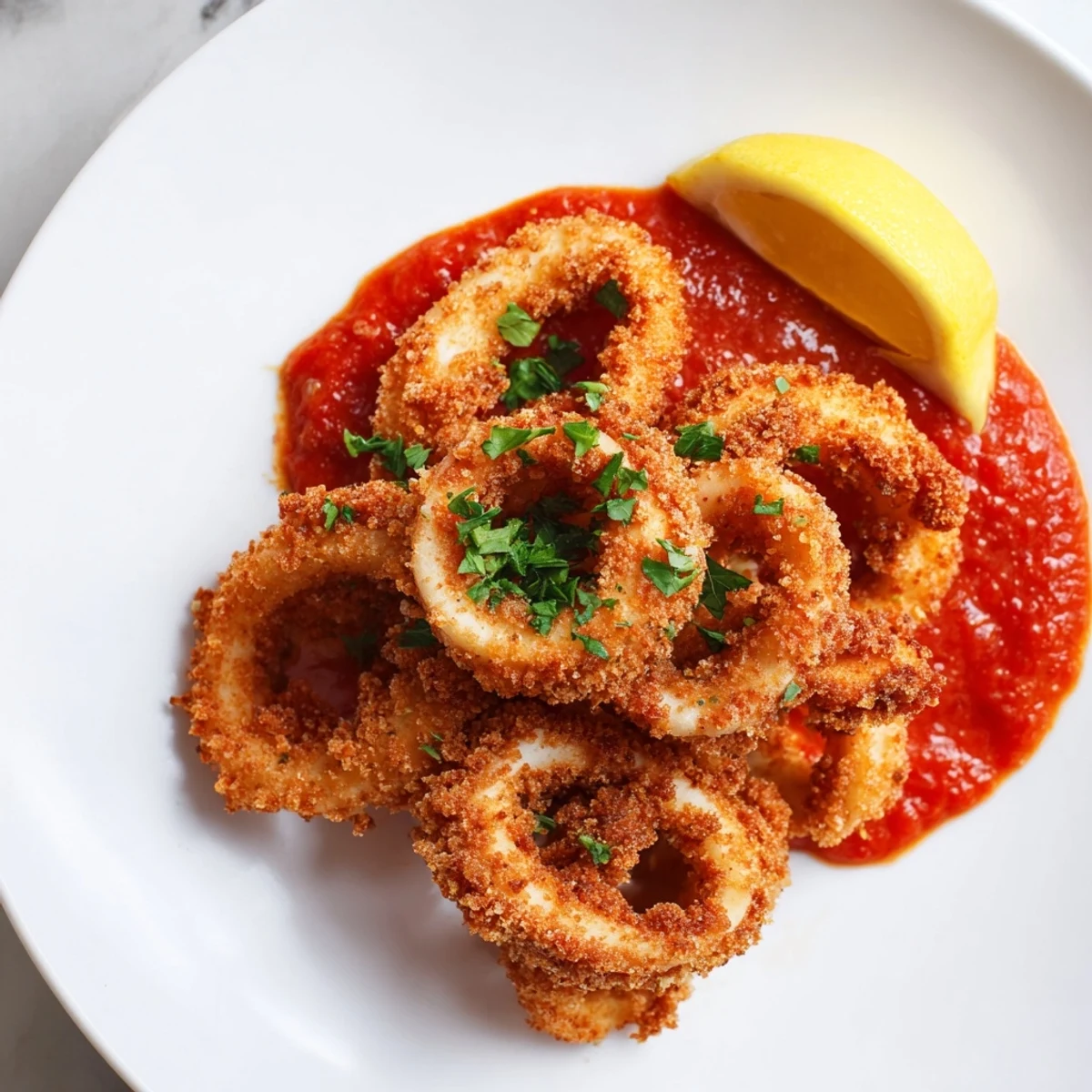 Golden-fried Big Game Crispy Calamari rings piled high with marinara and lemon wedges.