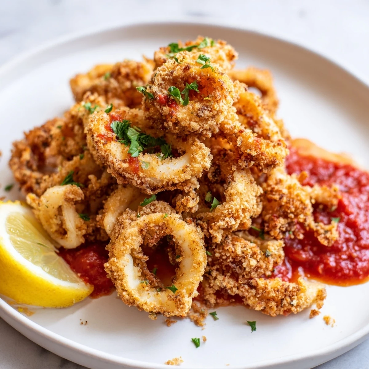 Crispy Big Game Crispy Calamari on a platter with lemon wedges for sharing.