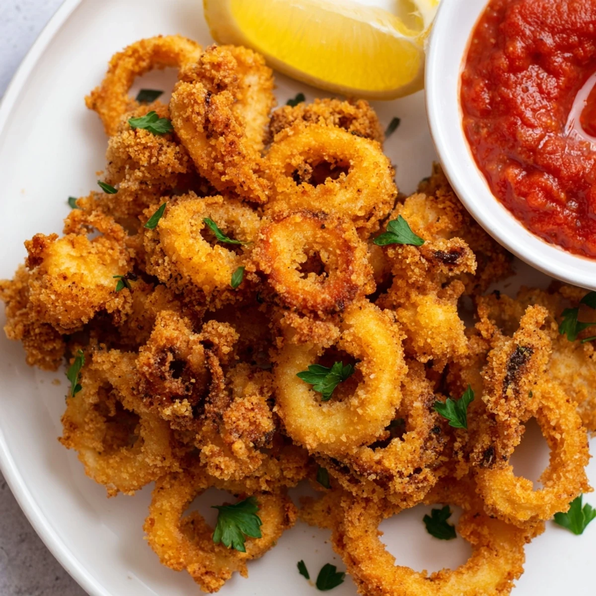 Golden Big Game Crispy Calamari served hot with zesty marinara dipping sauce.