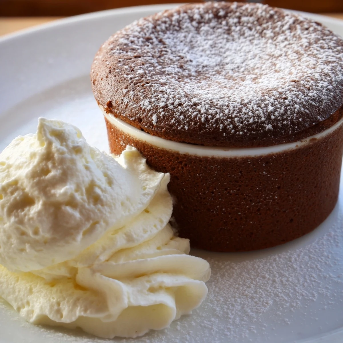 Two steaming Romantic Chocolate Soufflés with Cream rise high in white ramekins, dusted with powdered sugar next to a velvet spoon.