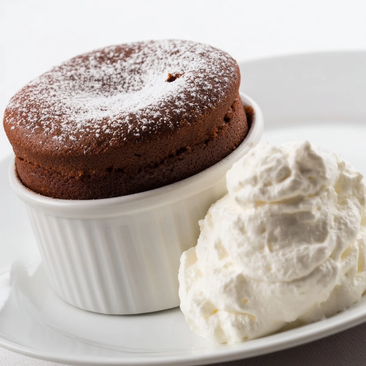 Rich Romantic Chocolate Soufflés with Cream reveal molten chocolate centers, garnished with powdered sugar and paired with a swirl of vanilla cream.