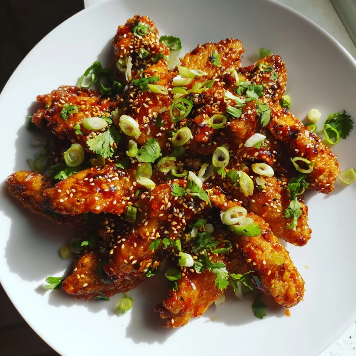 Crispy Super Bowl Spicy Sriracha Wings piled high with green onions and sesame seeds on a platter.