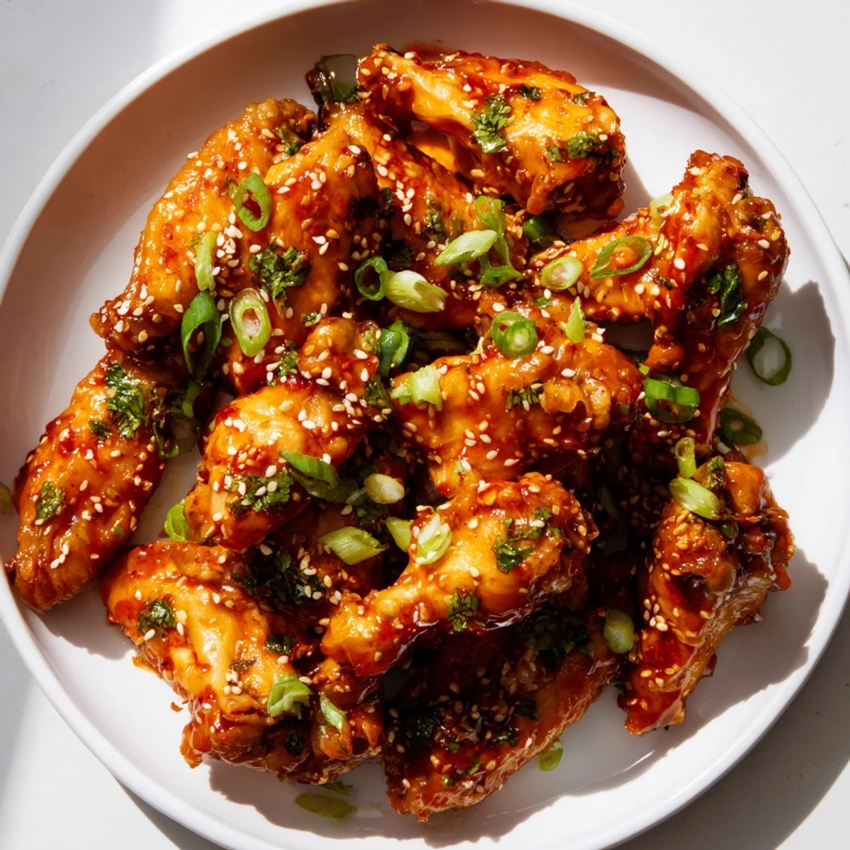 Golden-baked Super Bowl Spicy Sriracha Wings tossed in glossy orange sauce, served with celery and ranch dip.
