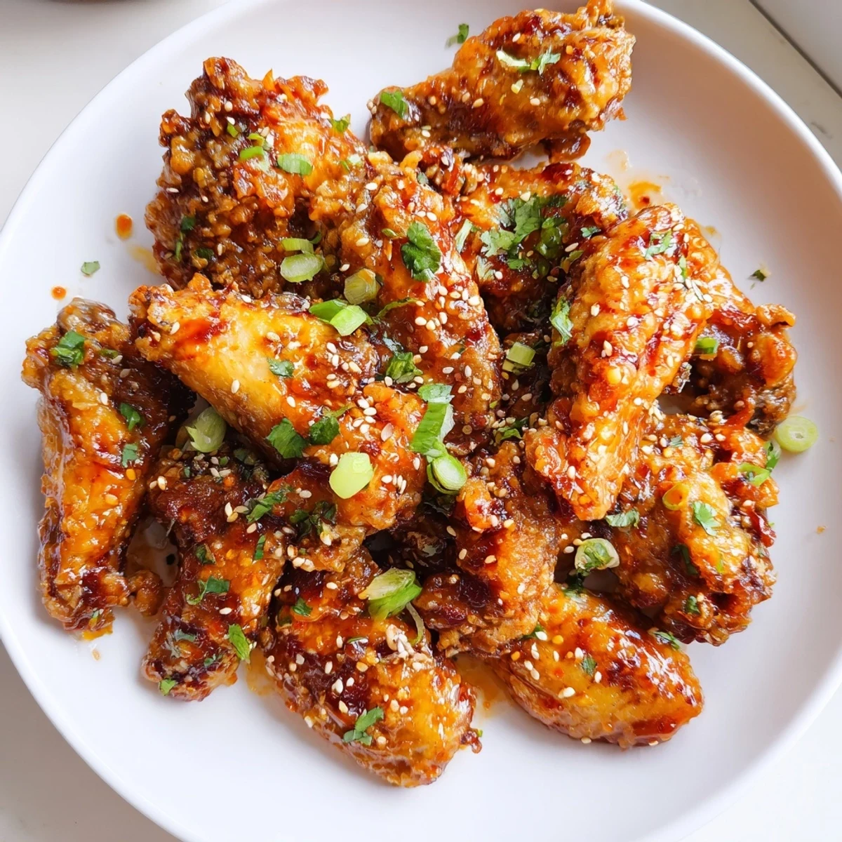 Freshly coated Super Bowl Spicy Sriracha Wings glistening with herbs, perfect for a game day snack spread.
