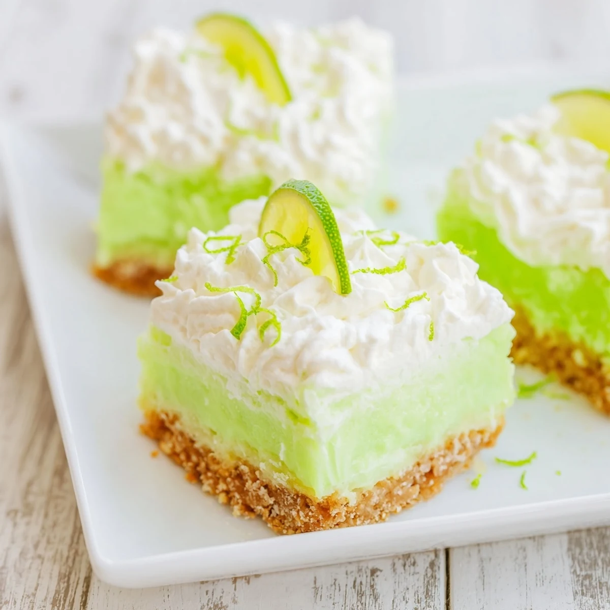 A slice of St. Patrick's Day Key Lime Pie Bars reveals a buttery graham cracker crust and zesty whipped cream topping. 