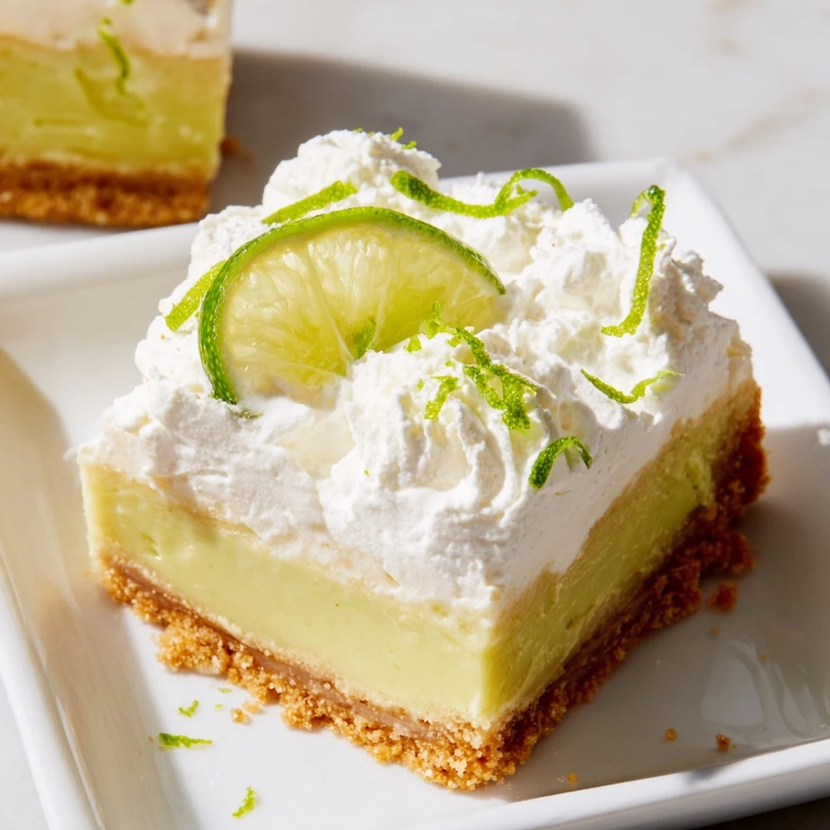 Vibrant green St. Patrick's Day Key Lime Pie Bars are garnished with fresh lime slices on a marble surface.