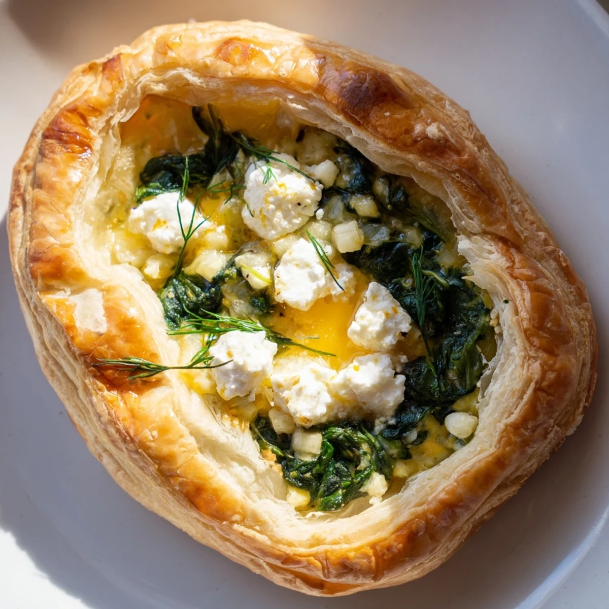 A whole Green Spinach and Feta Puff Pastry is garnished with fresh dill and served alongside a small bowl of tzatziki sauce.