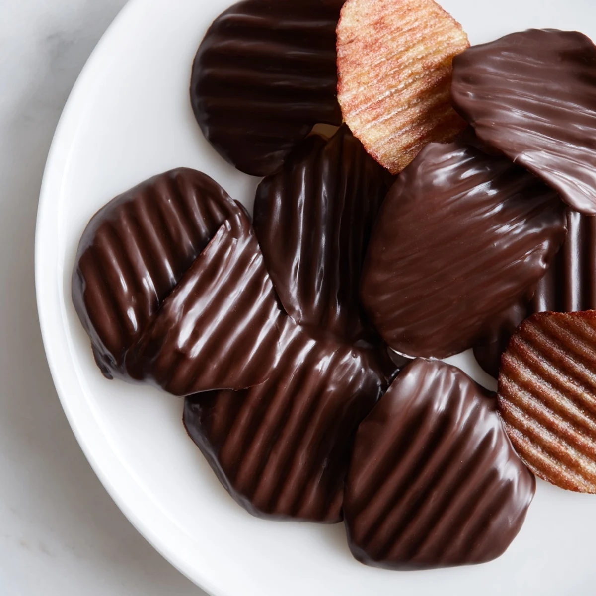 Crisp ridged potato chips half-dipped in melted dark chocolate on a parchment-lined baking sheet for this Chocolate Covered Potato Chips recipe.