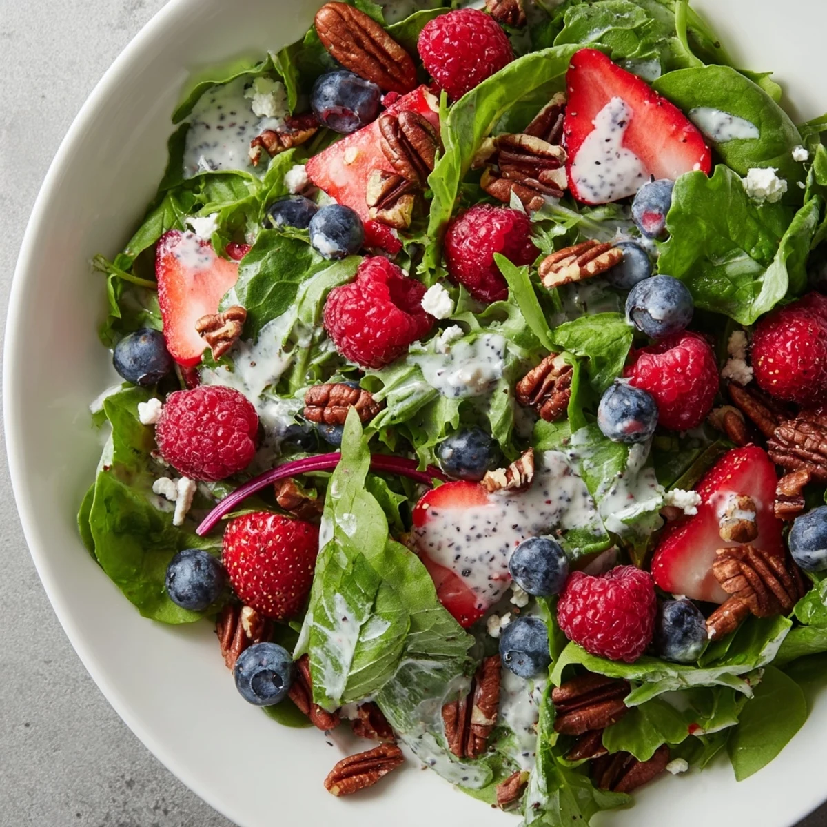 Fresh Sweetheart Berry Salad with Poppy Seed Dressing tossed with crisp greens and drizzled in creamy dressing.