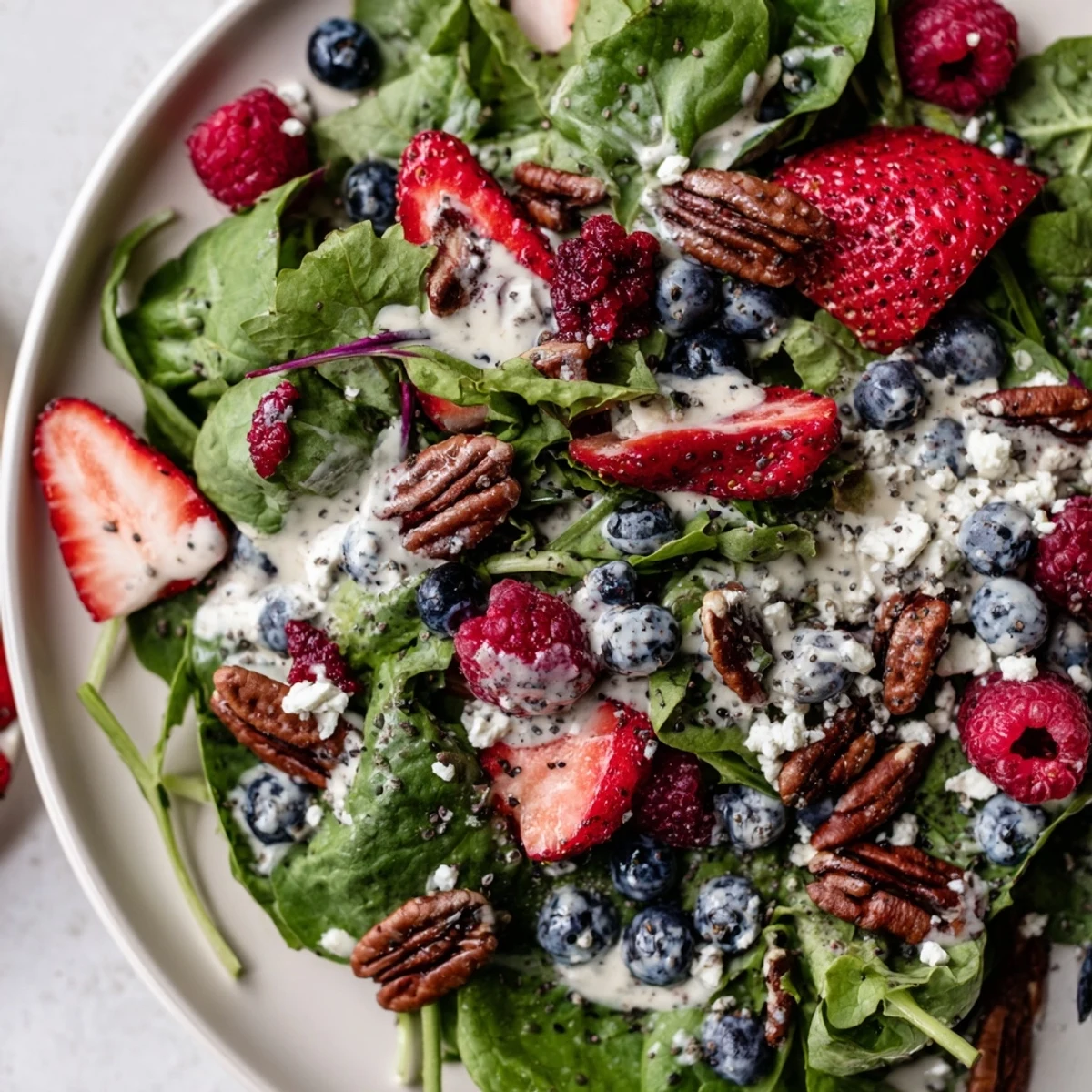 Sweetheart Berry Salad with Poppy Seed Dressing plated with strawberries, blueberries, and tangy feta on greens.