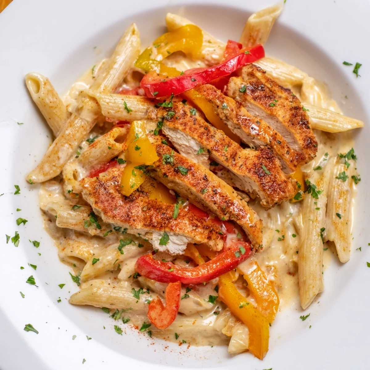 Golden brown Cajun Chicken Pasta with creamy Parmesan sauce in a skillet, sautéed red and yellow peppers, garnished with fresh parsley.