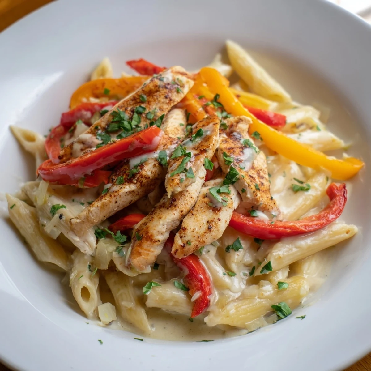 Spicy Cajun Chicken Pasta served in a white bowl, topped with extra Parmesan, alongside a glass of white wine for dinner.