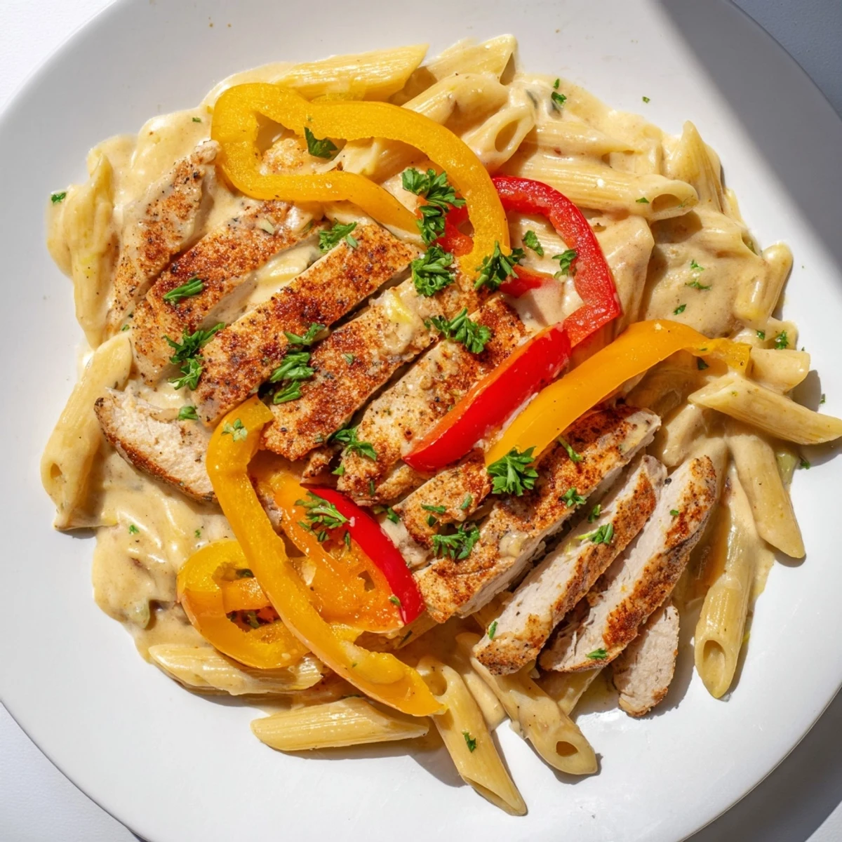 Close-up of sliced Cajun Chicken Pasta revealing juicy chicken and fettuccine coated in a rich, creamy Cajun spice sauce.
