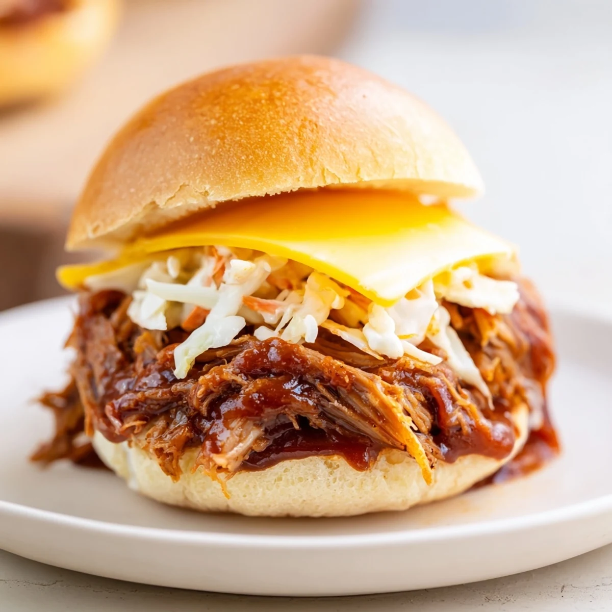 MVP Beef Brisket Sliders with BBQ Sauce served warm on a platter, garnished with pickles and a side of creamy coleslaw.