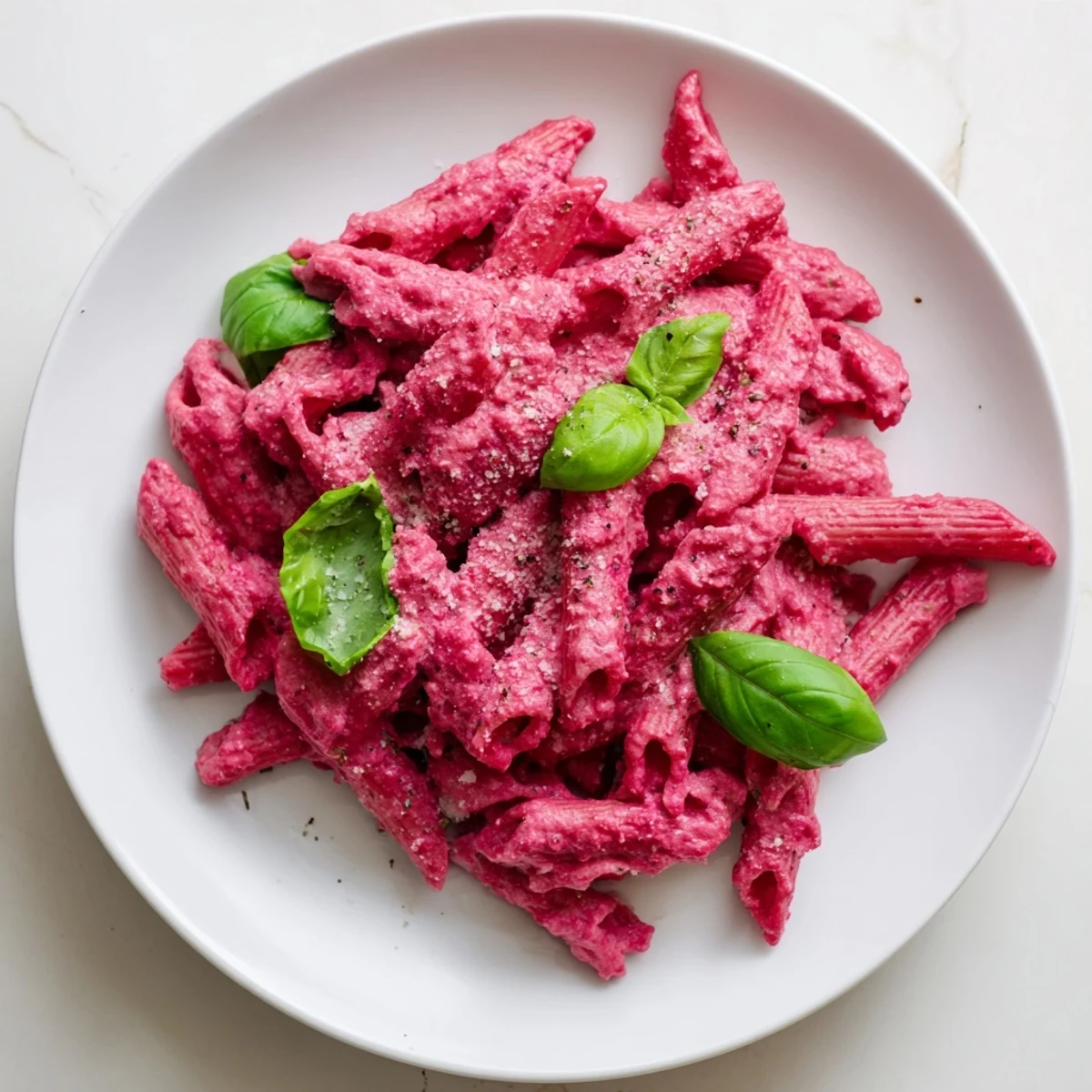 Creamy Pink Pasta with Beet Cream Sauce is garnished with fresh basil and Parmesan, served warm in a white bowl.