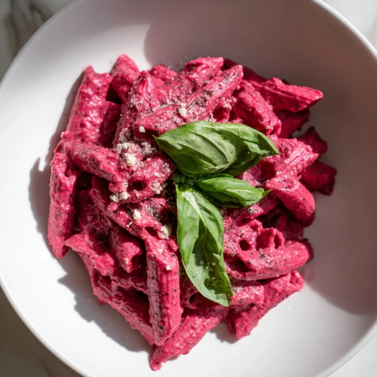A vibrant Pink Pasta with Beet Cream Sauce tossed with penne, featuring smooth roasted beet sauce glistening with olive oil.