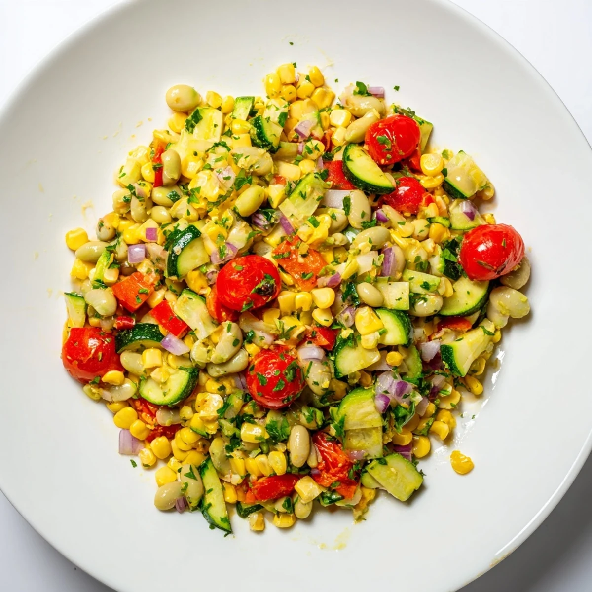 Golden Succotash with Lima Beans and Corn served warm in a white dish, perfect for summer barbecues.