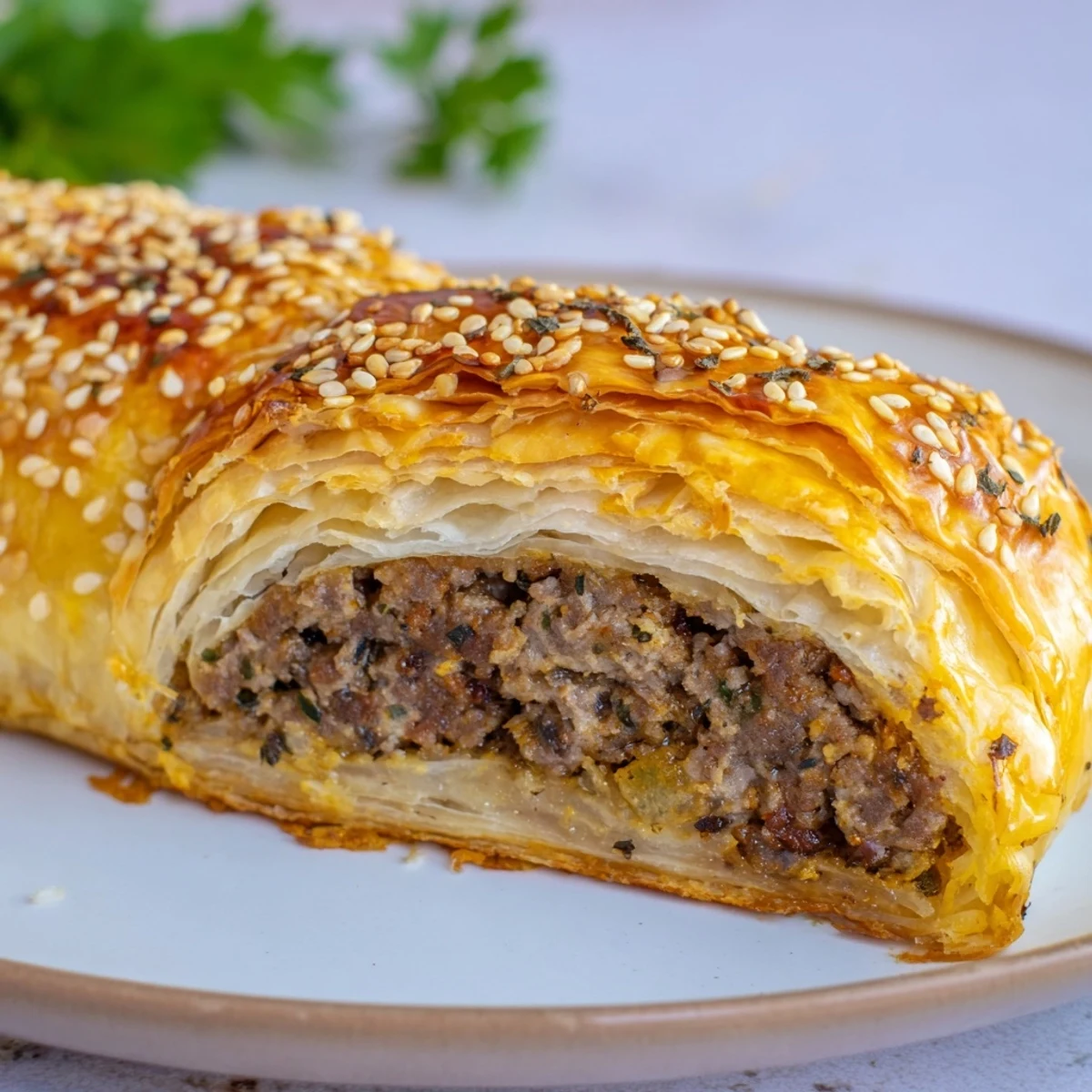 Homemade sausage rolls with puff pastry and beef, served warm with ketchup and mustard for dipping.