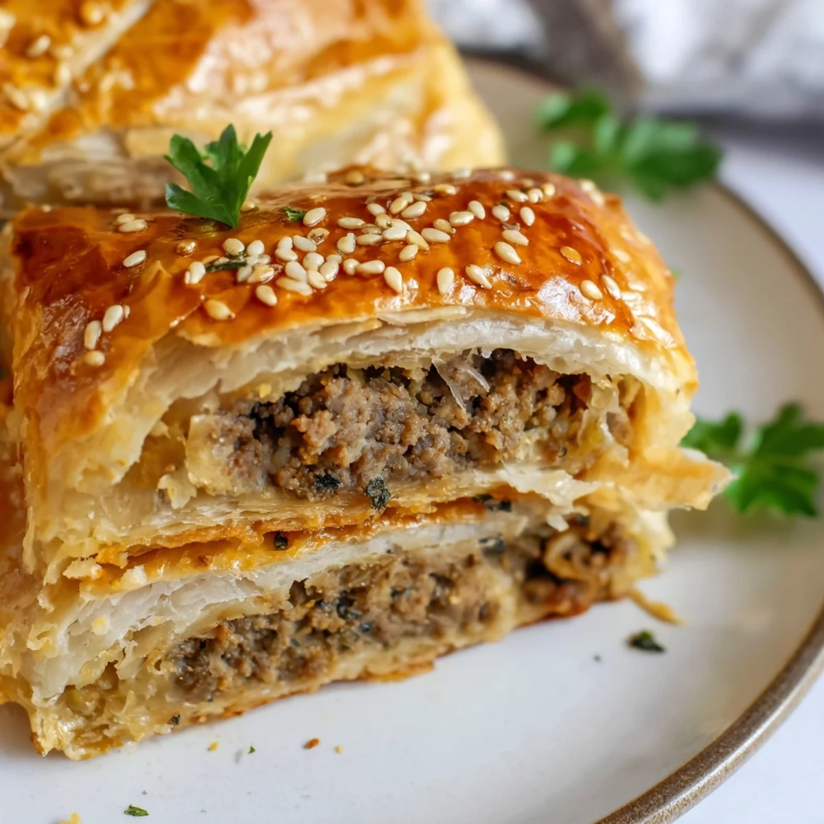 Golden, flaky sausage rolls filled with savory beef, onion, and herbs, arranged on a rustic wooden board.
