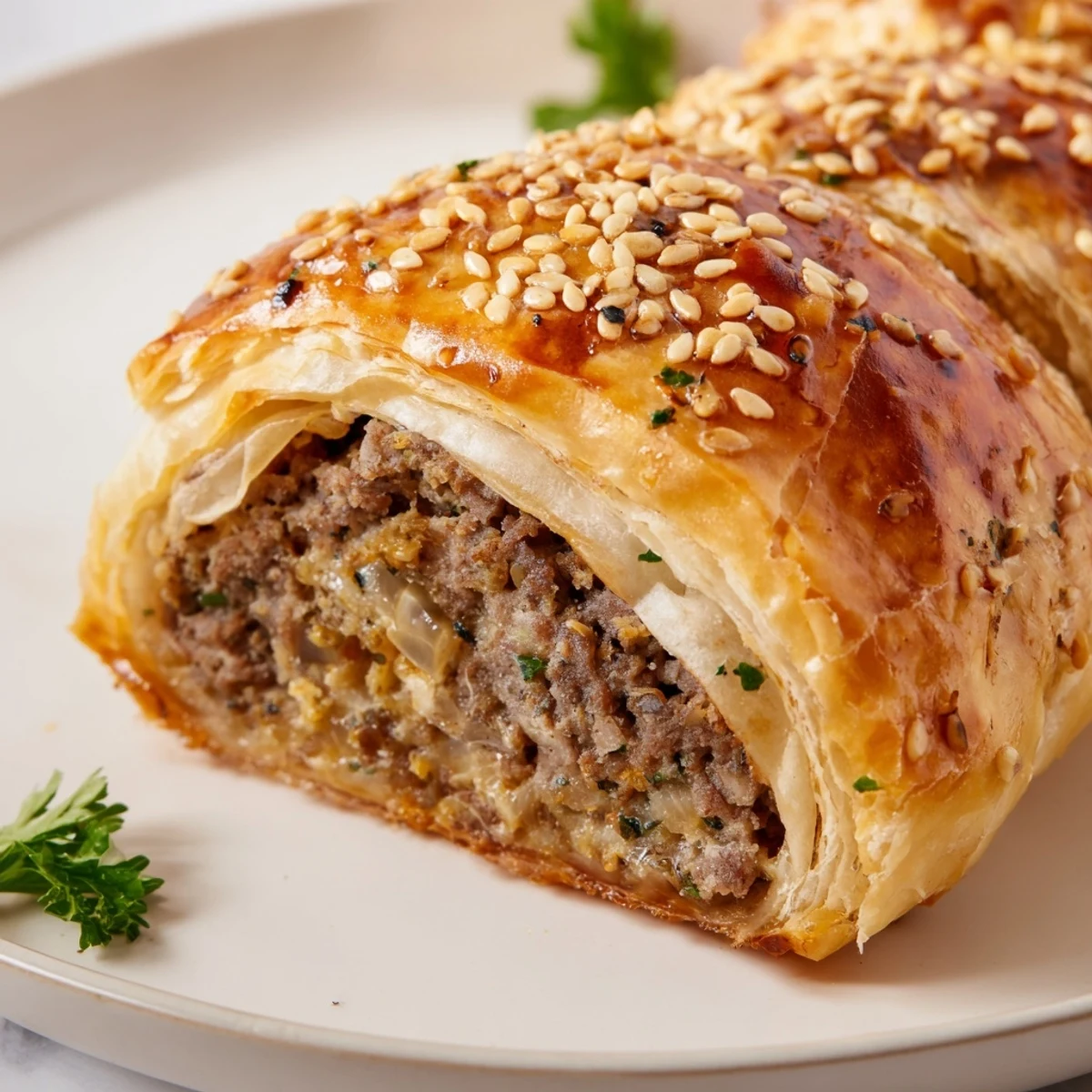 Freshly baked British sausage rolls with beef filling, topped with sesame seeds on a parchment-lined baking sheet.
