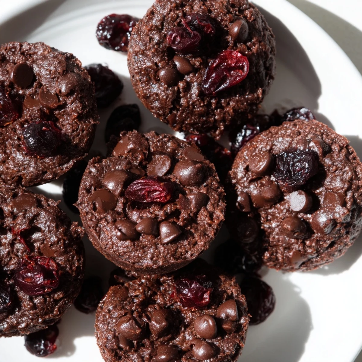 Easy homemade Chocolate Cherry Brownie Bites with gooey chocolate chips and chewy cherries on a cooling rack.