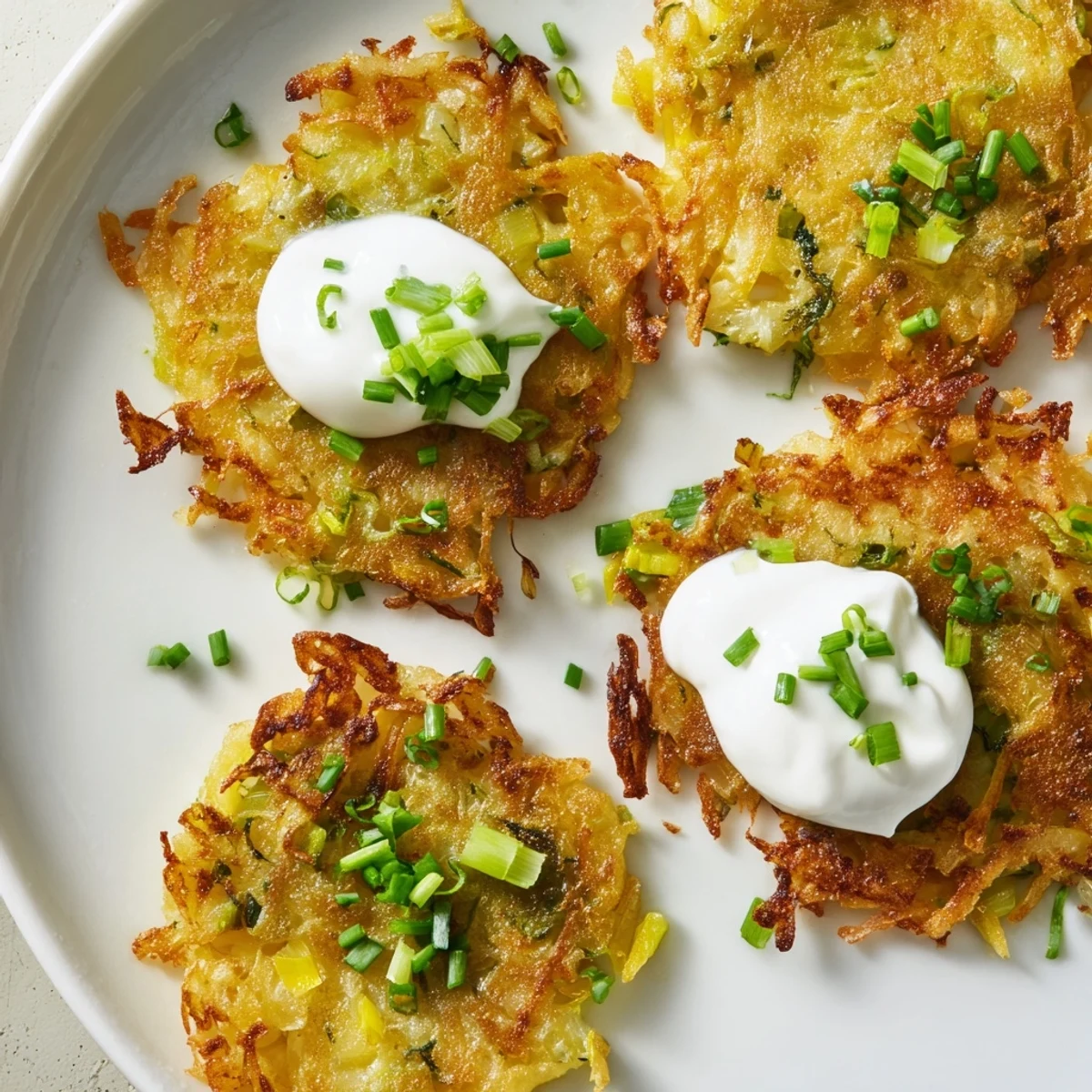Golden, crispy potato cakes flecked with scallions, served with a dollop of cool sour cream on a rustic plate.  