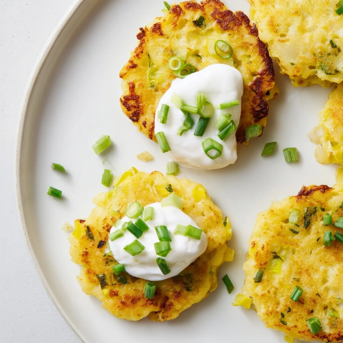 Potato cakes with scallions and sour cream, golden and crisp, ready to serve as an appetizer or side dish.