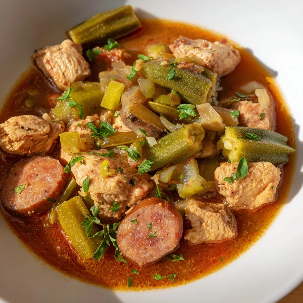 A bowl of homemade Chicken and Sausage Stew with Okra, featuring tender chicken and smoky sausage in a rich tomato broth.