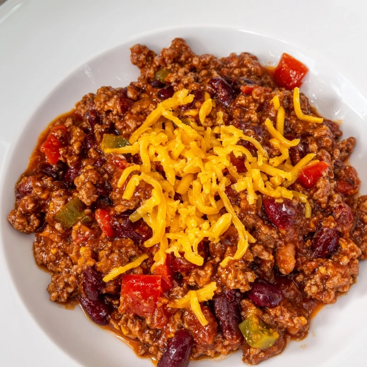 A steaming bowl of Spicy Beef Chili topped with melty cheddar cheese and fresh cilantro.