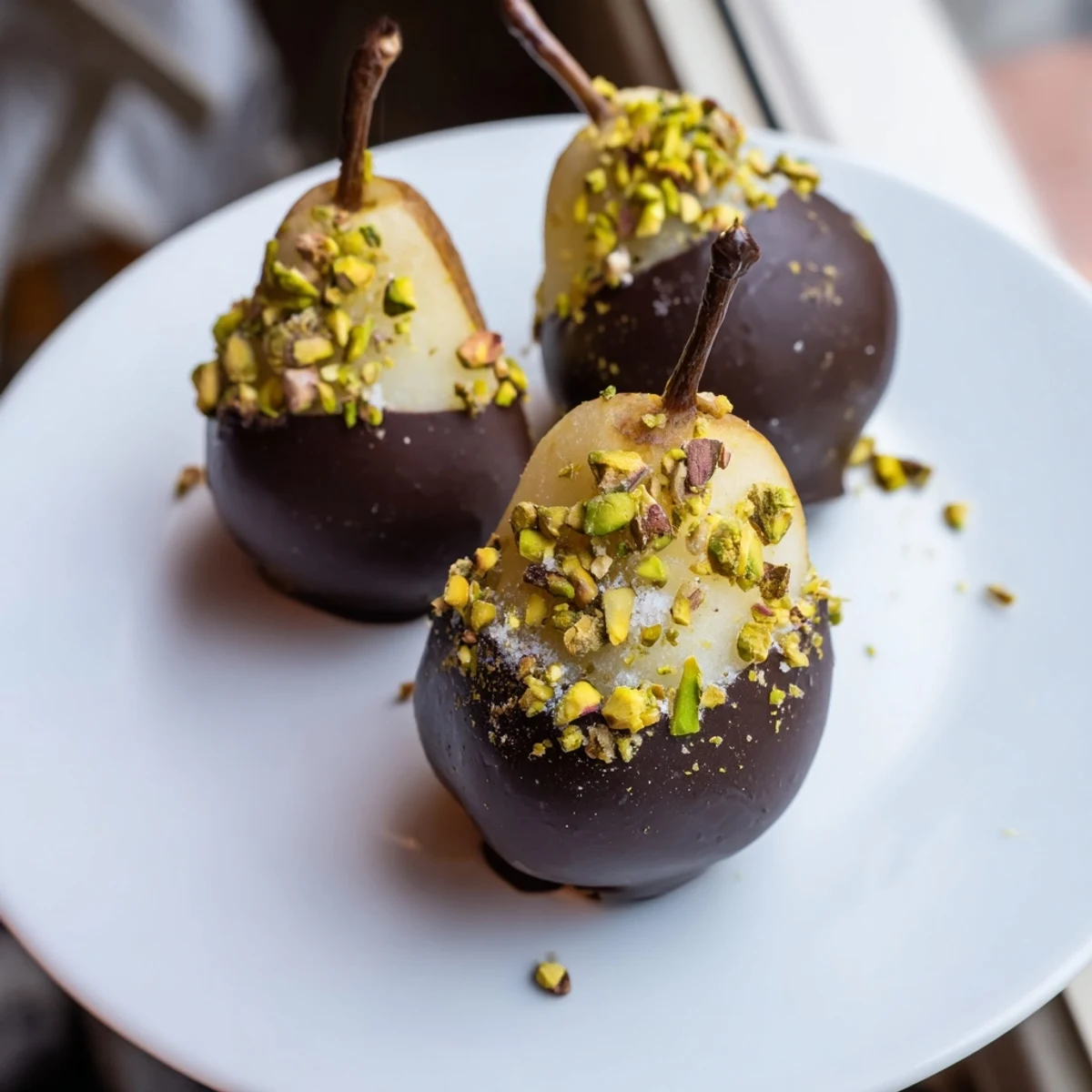 Chocolate Covered Pears halved, their juicy pears interior glossed with rich dark chocolate and sprinkled with sea salt for a gourmet finish.