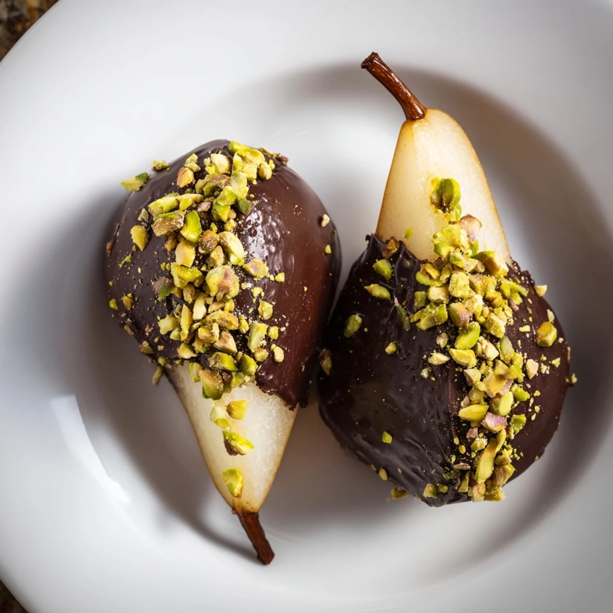 Three ripe pears halves dip into molten dark chocolate, showcasing glossy coatings in this classic European-inspired dessert recipe.