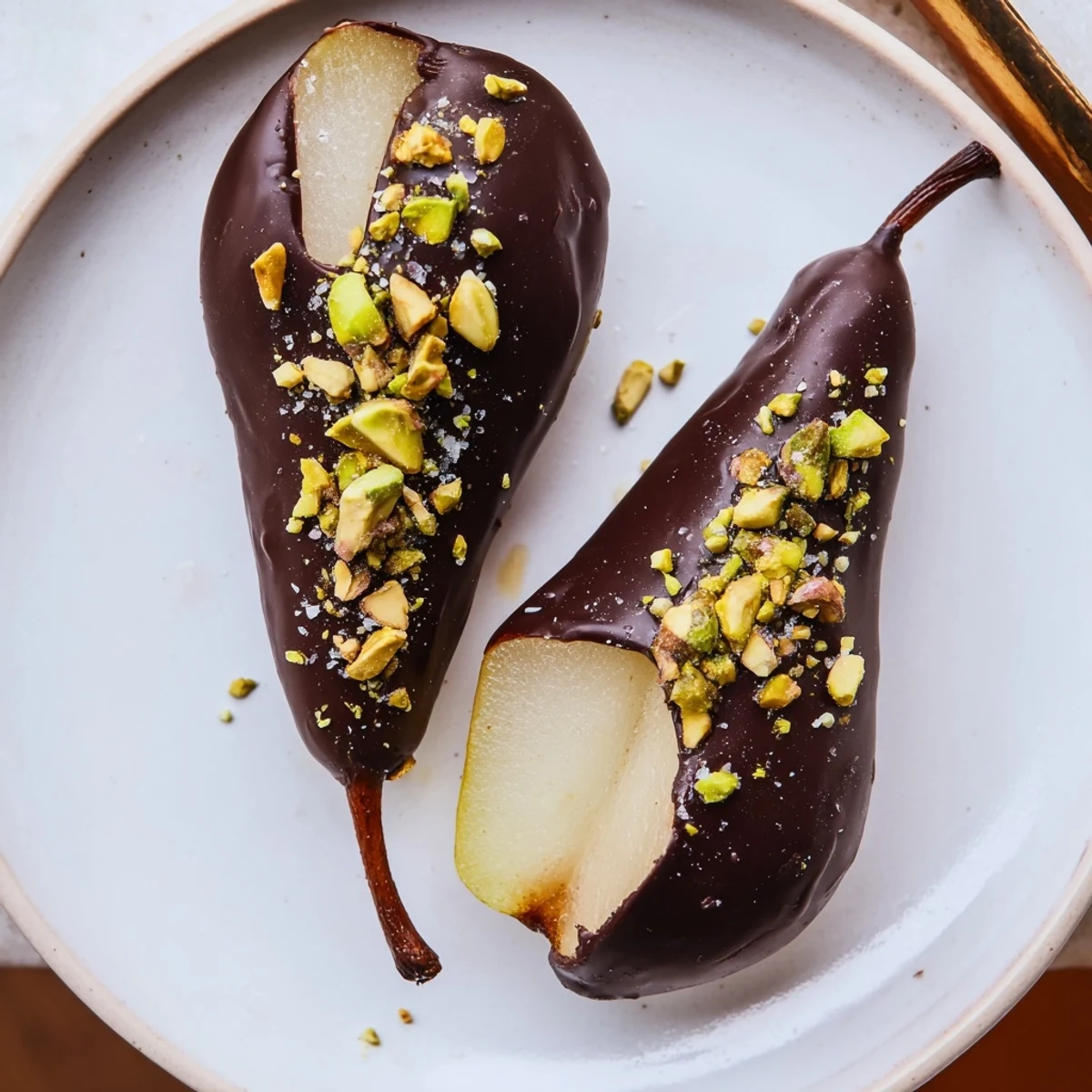 Juicy, ripe pears dipped in rich dark chocolate and finished with flaky sea salt, presented on a clean dessert platter.