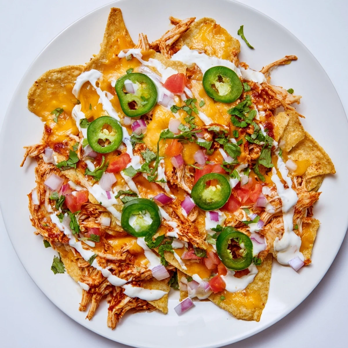 A close-up of golden melted cheese blanketing nachos, dotted with fresh tomatoes and cilantro.