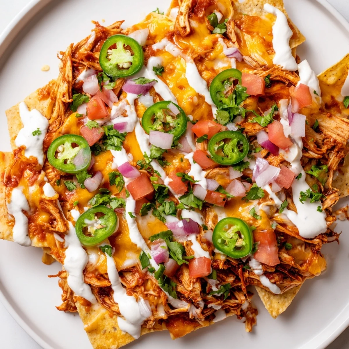 Perfect party platter of Pulled Chicken Nachos with jalapeños, lime wedges, and cool sour cream.