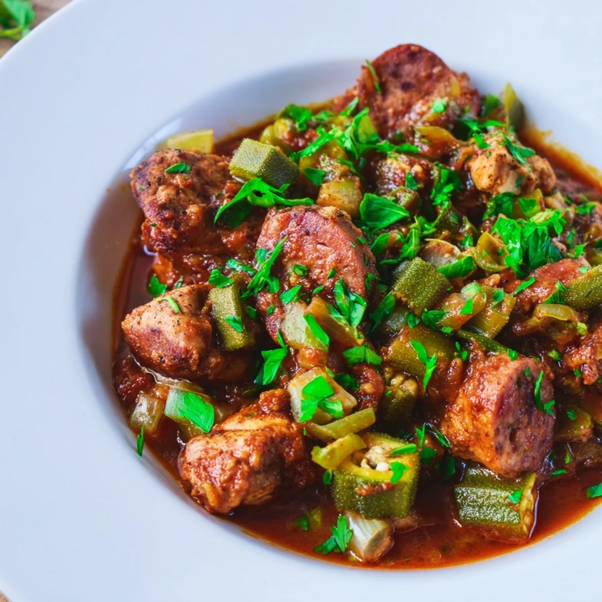 Steaming Chicken and Sausage Stew with Okra served over white rice in a rustic bowl.