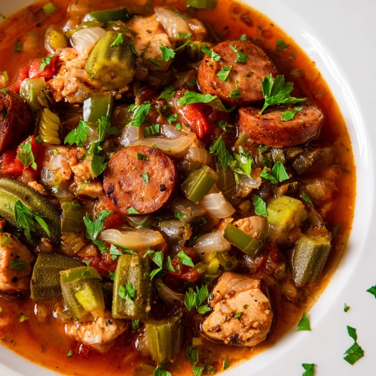 Hearty Southern Chicken and Sausage Stew with Okra features tender meat and sliced okra.