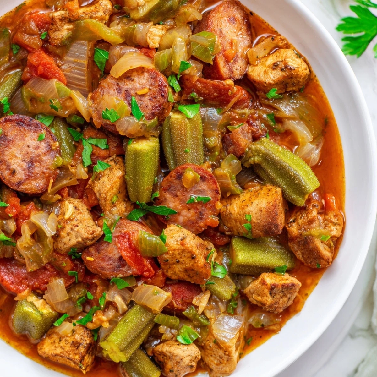 Colorful Chicken and Sausage Stew with Okra garnished with parsley in a Dutch oven.