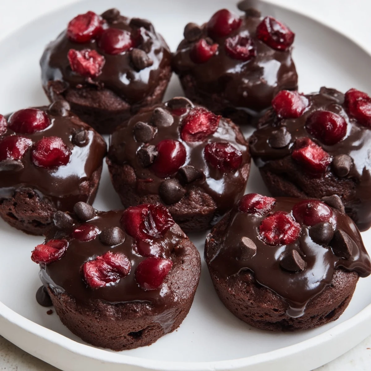 A close-up of Chocolate Cherry Brownie Bites with glossy ganache, cherries peeking from the fudgy texture.