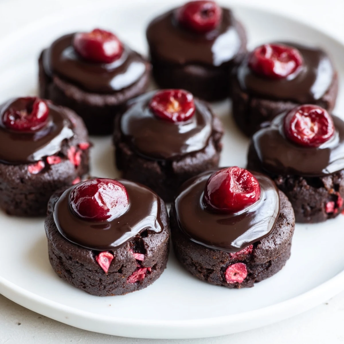 Chocolate Cherry Brownie Bites with ganache topped on a wooden board, ideal for an elegant dessert platter.