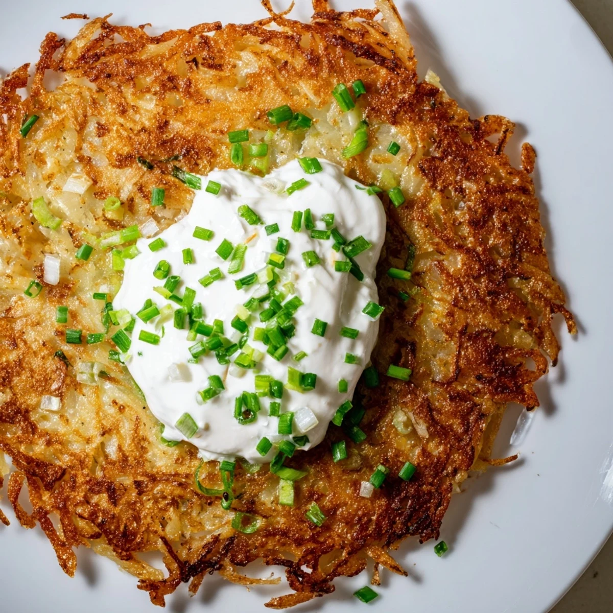 Golden-brown Potato Cakes with Scallions and Sour Cream stacked on a white plate, garnished with chives.