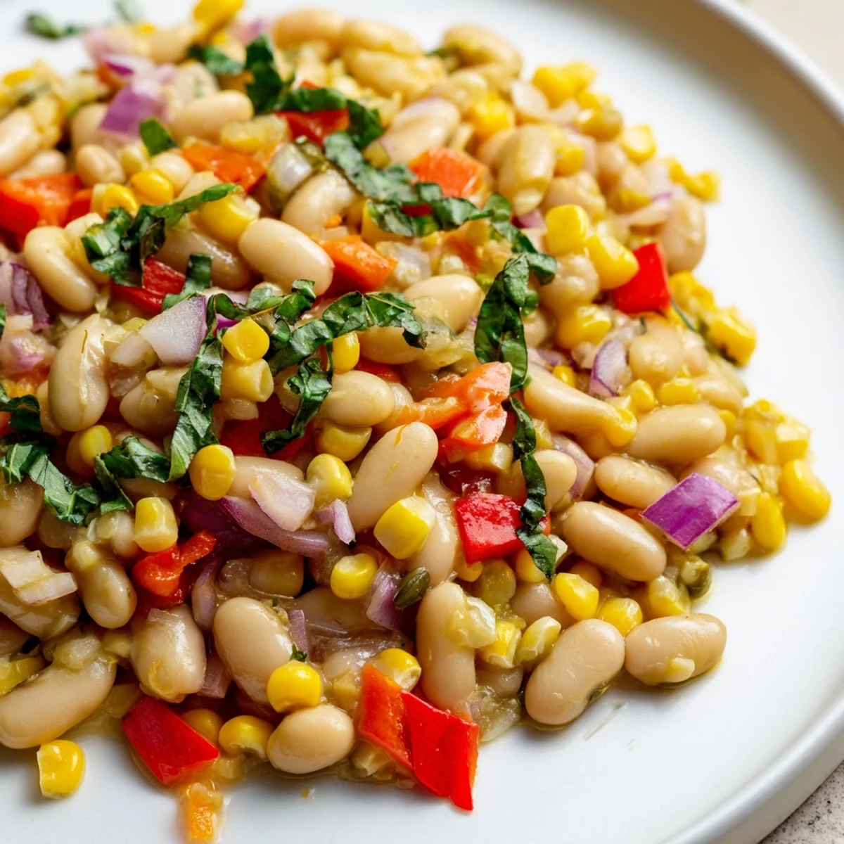 Freshly prepared Succotash with Lima Beans and Corn, garnished with chopped parsley and basil on a bright serving platter.