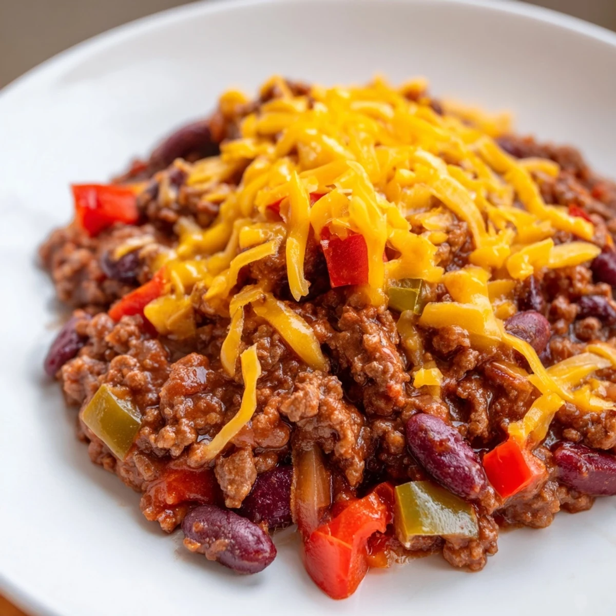 Hearty Spicy Beef Chili with Cheddar Cheese simmering in a pot, featuring tender beef, beans, and bold spices.